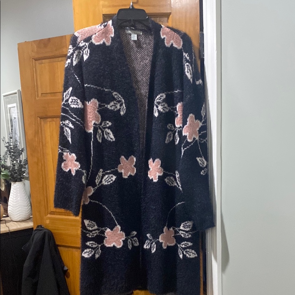 Black and Pink Floral Cardigan Sweater